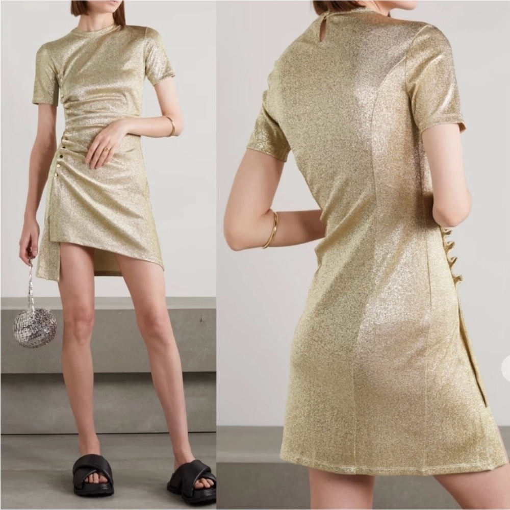 New Paco Rabanne Asymmetric Ruched Metallic Gold Crepe Mini Dress NWT 6 US/38 FR